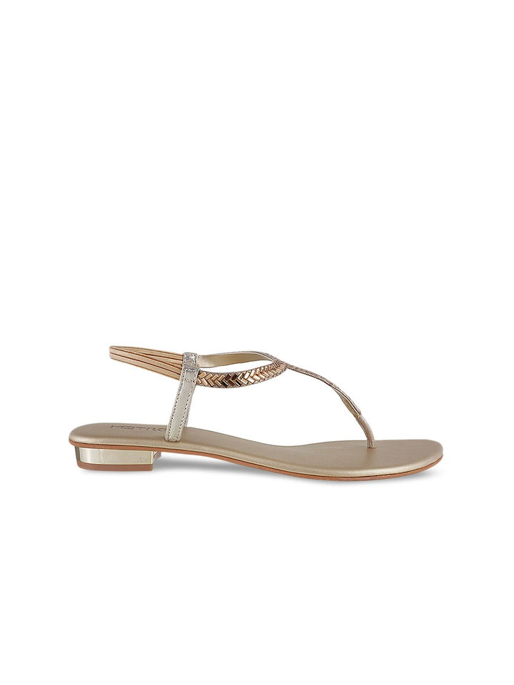 Metro Women Gold-Toned Solid Synthetic T-Strap Flats