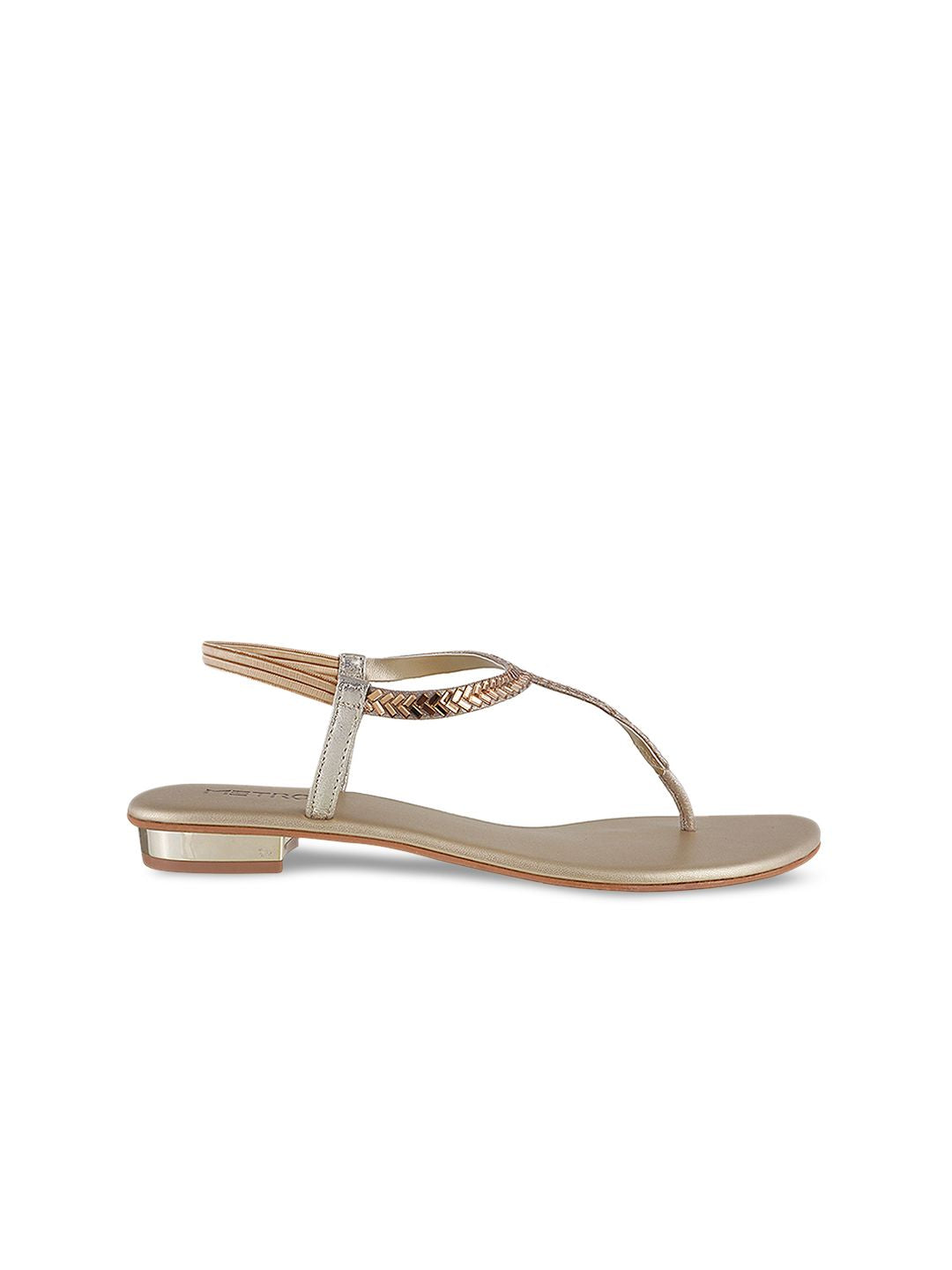 Metro Women Gold-Toned Solid Synthetic T-Strap Flats