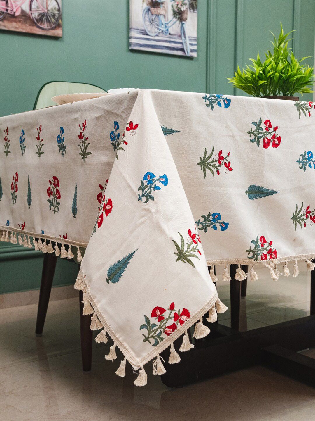 URBAN SPACE Red & White Floral Printed Pure Cotton 6-Seater Table Cover