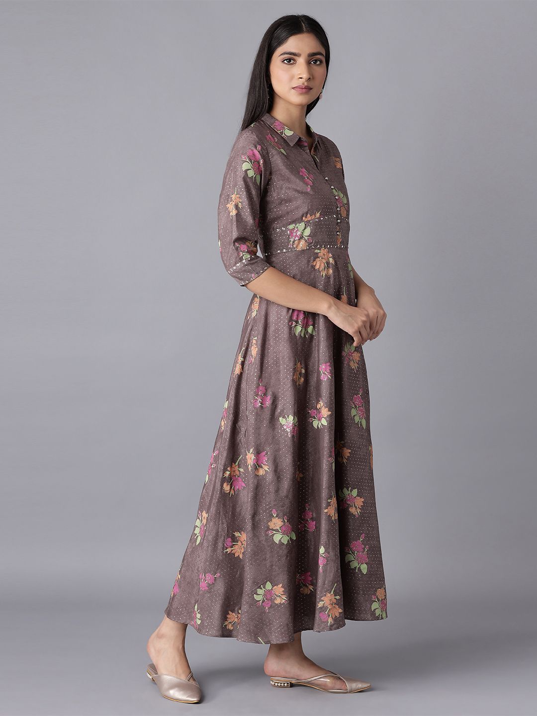 W Women Festive Floral Print Shantung Flared Ethnic Dress