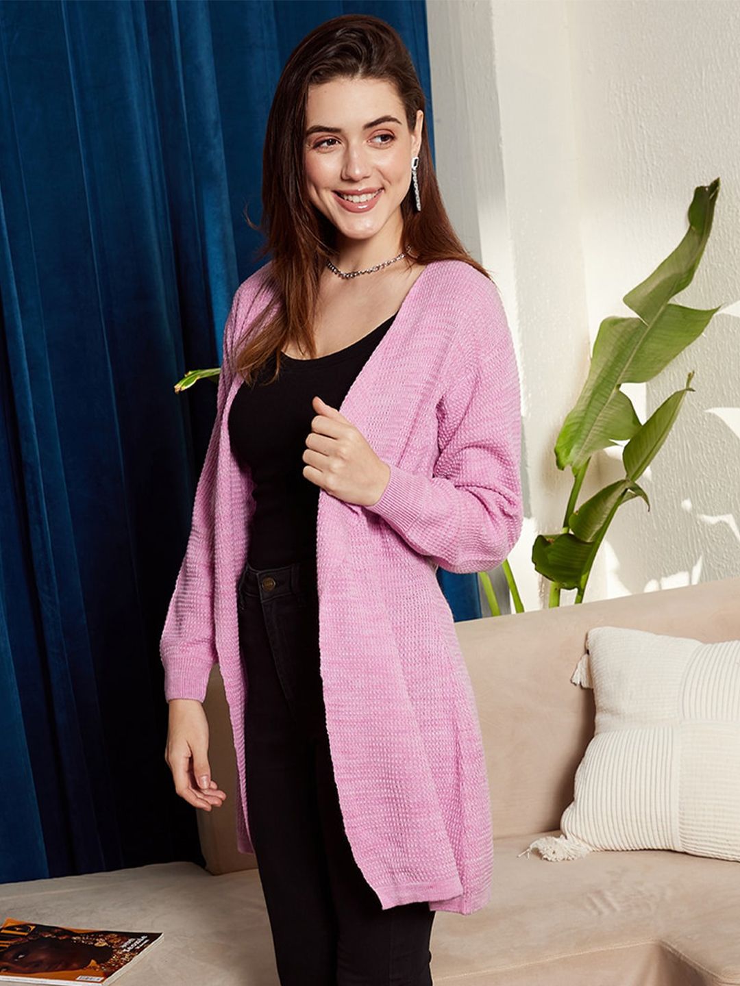 Berrylush Purple Ribbed Longline Front Open Sweater