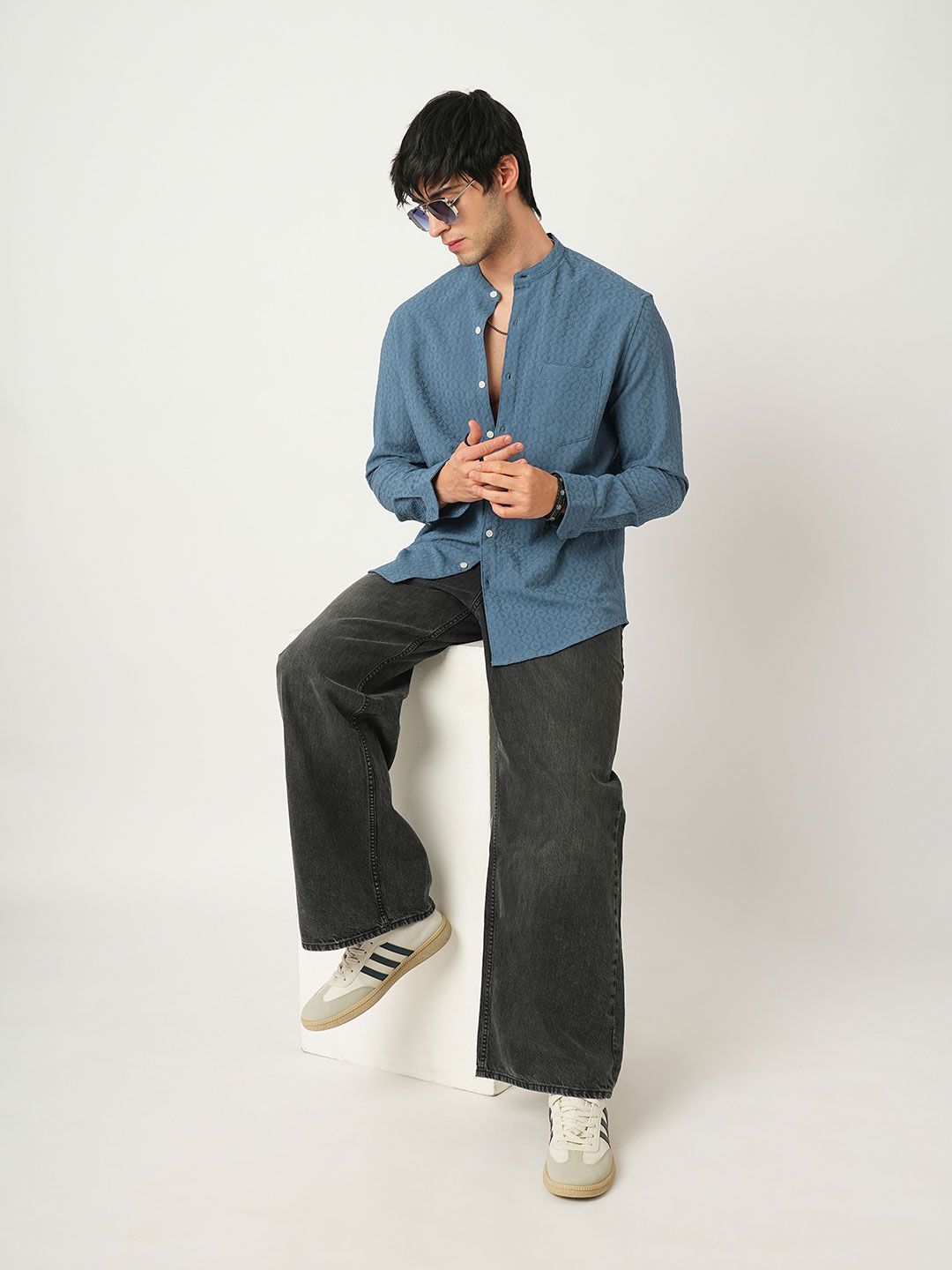 VASTRADO Men Classic Band Collar Textured Slim Fit Casual Shirt