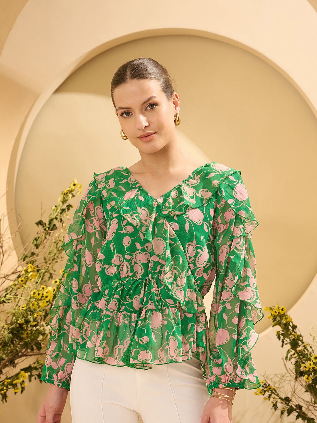 Antheaa Floral Printed Ruffles Detail V-Neck Puff Sleeves Peplum Top