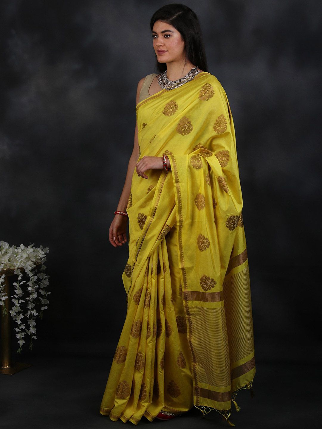Exotic India Empire Yellow Woven Gold Bootis Pattu Saree With Horizontal Zari Work Pallu