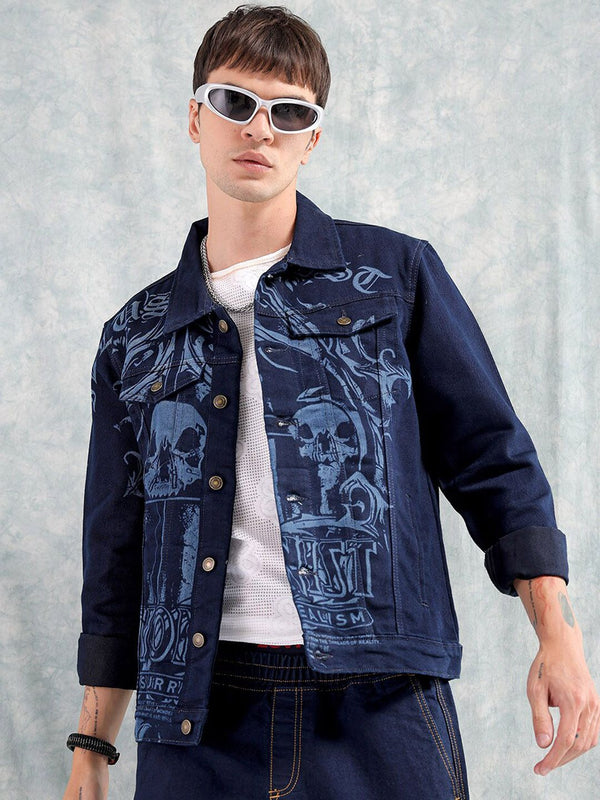The Indian Garage Co Men Graphic Print Slim Fit Denim Jacket with Double Flap Pockets