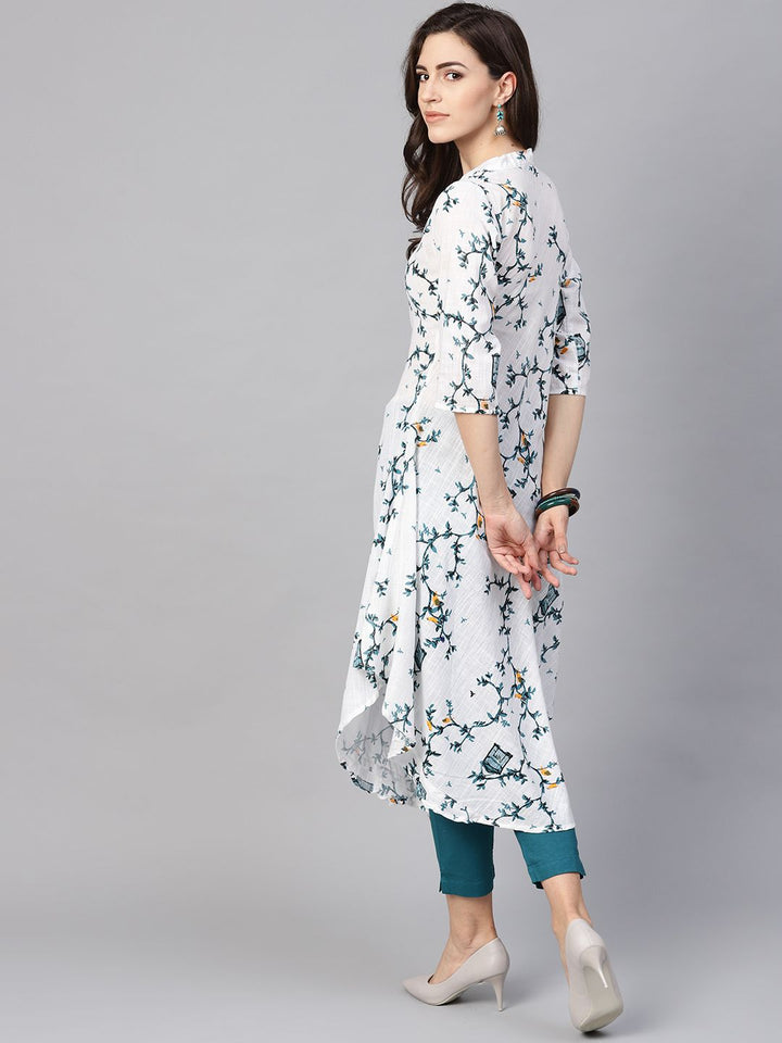 SOJANYA Women White & Teal Green Printed A-Line Kurta