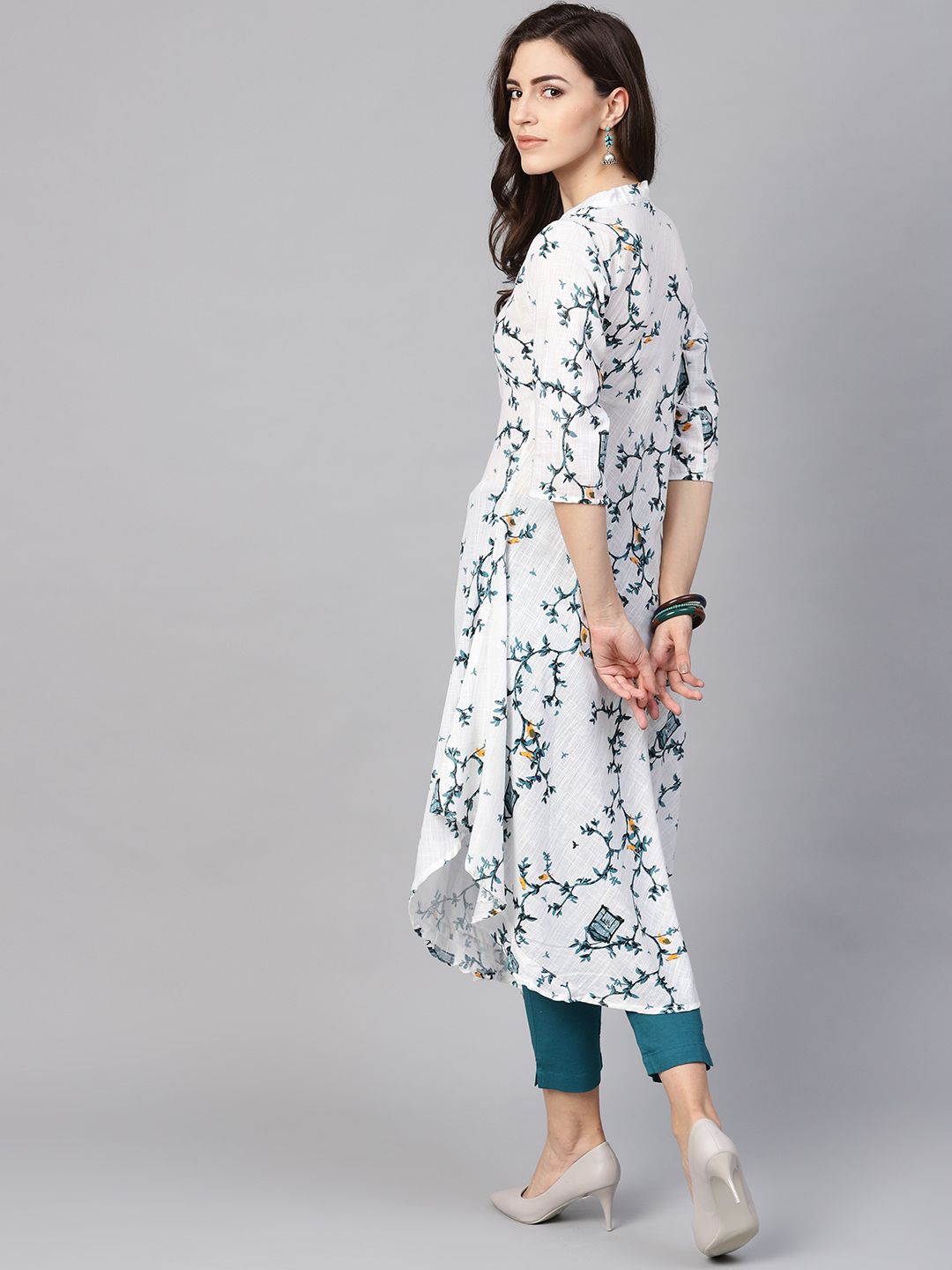 SOJANYA Women White & Teal Green Printed A-Line Kurta