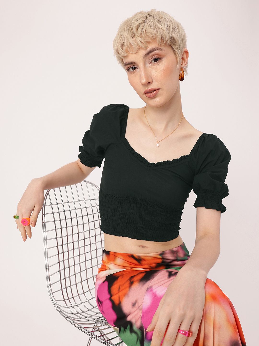 DressBerry Vintage Vibes Shirred Chic Crop Top