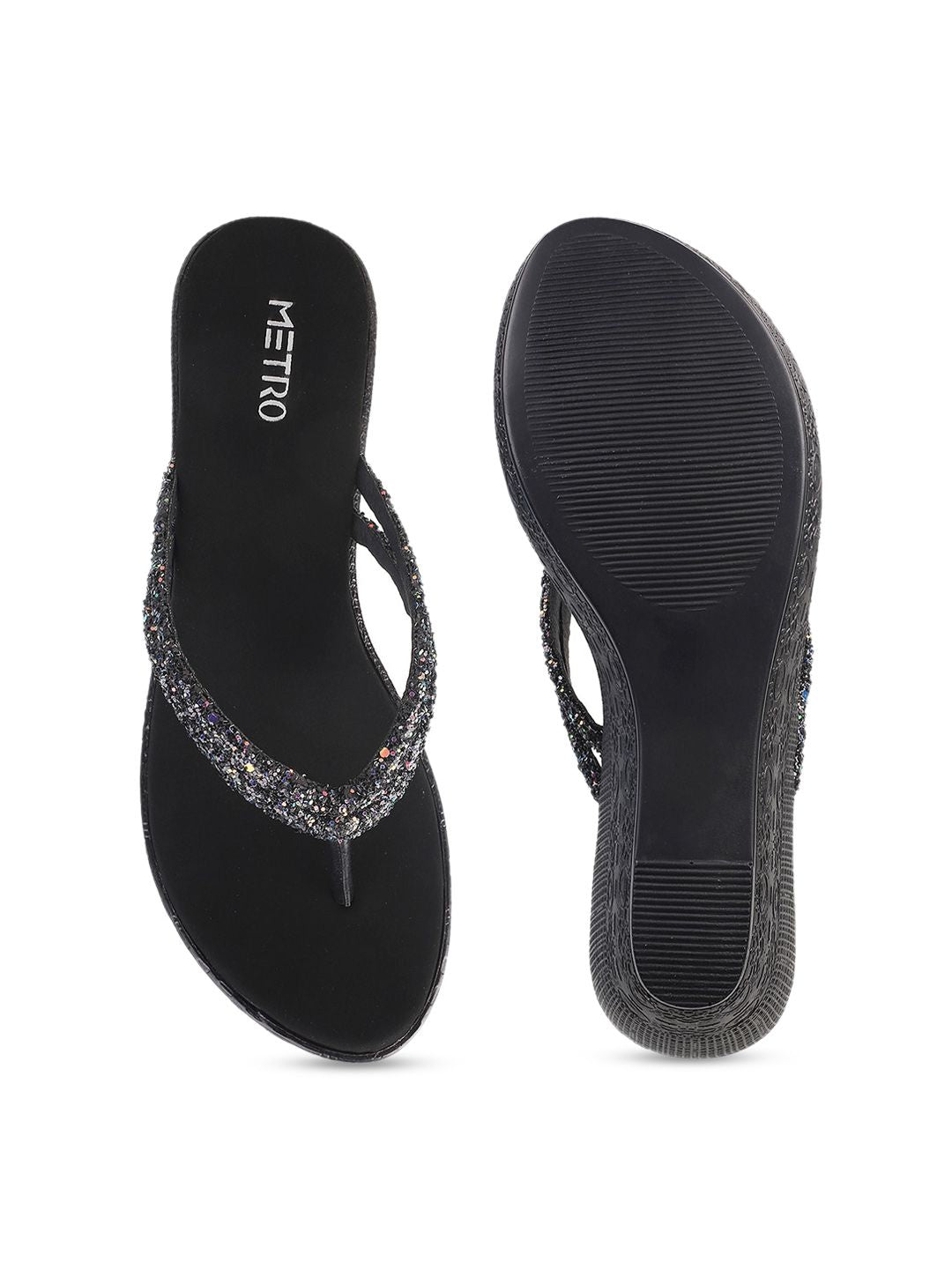 Metro Black Embellished Wedge Sandals