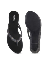 Metro Black Embellished Wedge Sandals