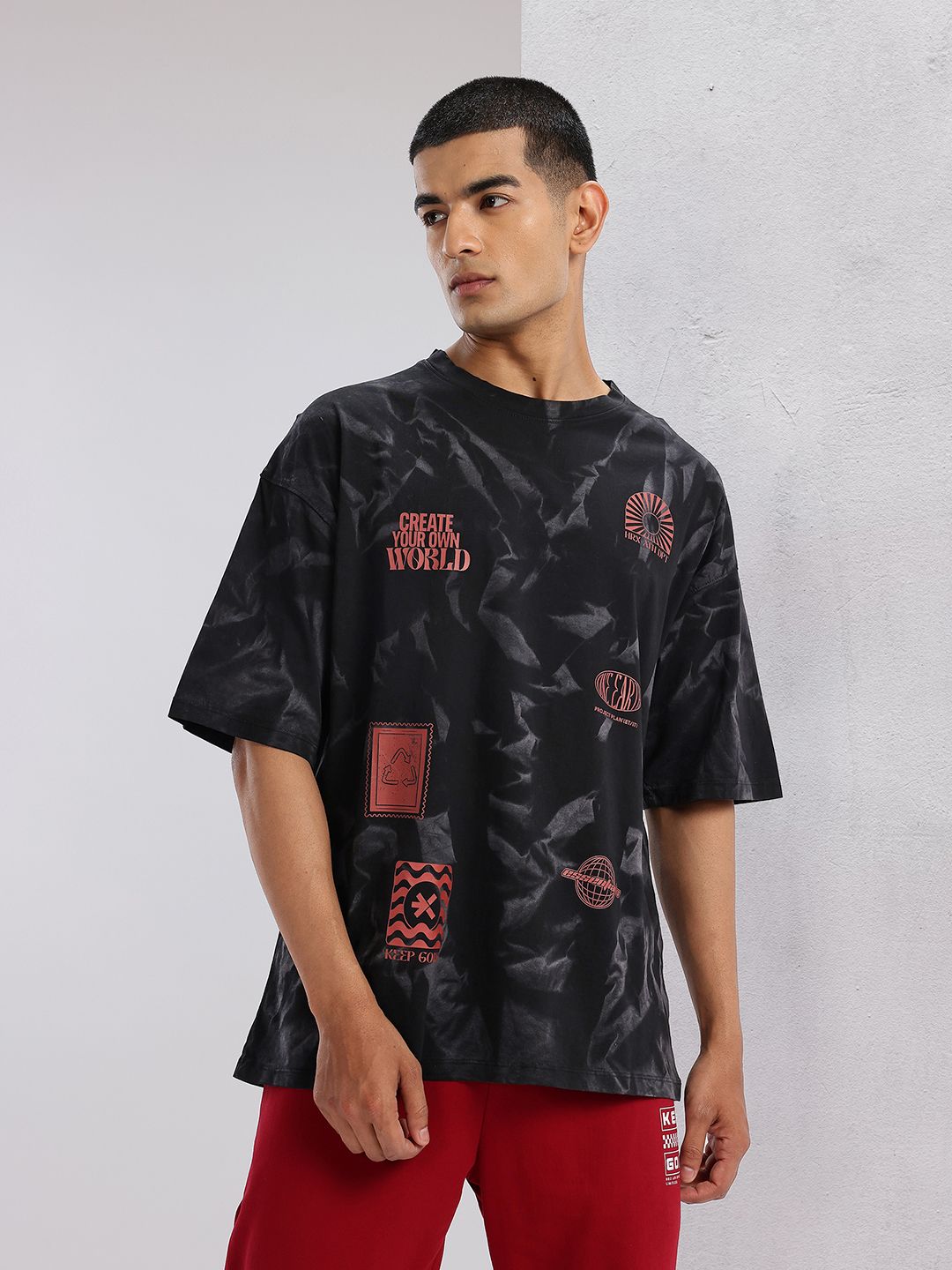 HRX by Hrithik Roshan Printed Drop-Sleeves Pure Cotton Oversized Lifestyle T-shirt