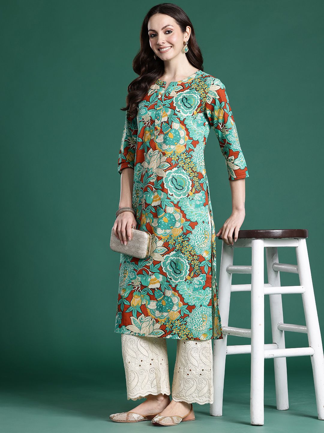 Indo Era Floral Printed Pure Cotton Kurta