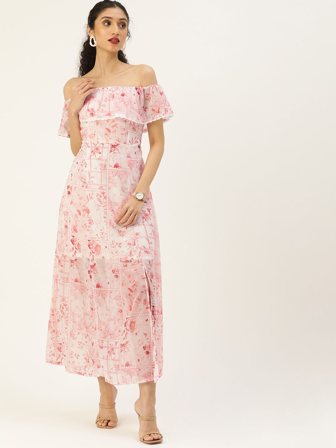 AND Pink & White Floral Halter Neck Fringed Maxi Dress