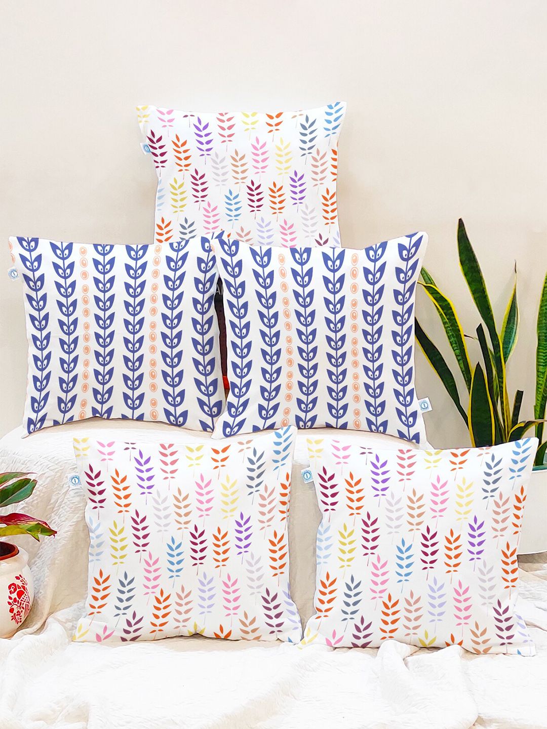 STITCHNEST Set of 5 Blue & White 12"x 12" Floral Square Cushion Covers