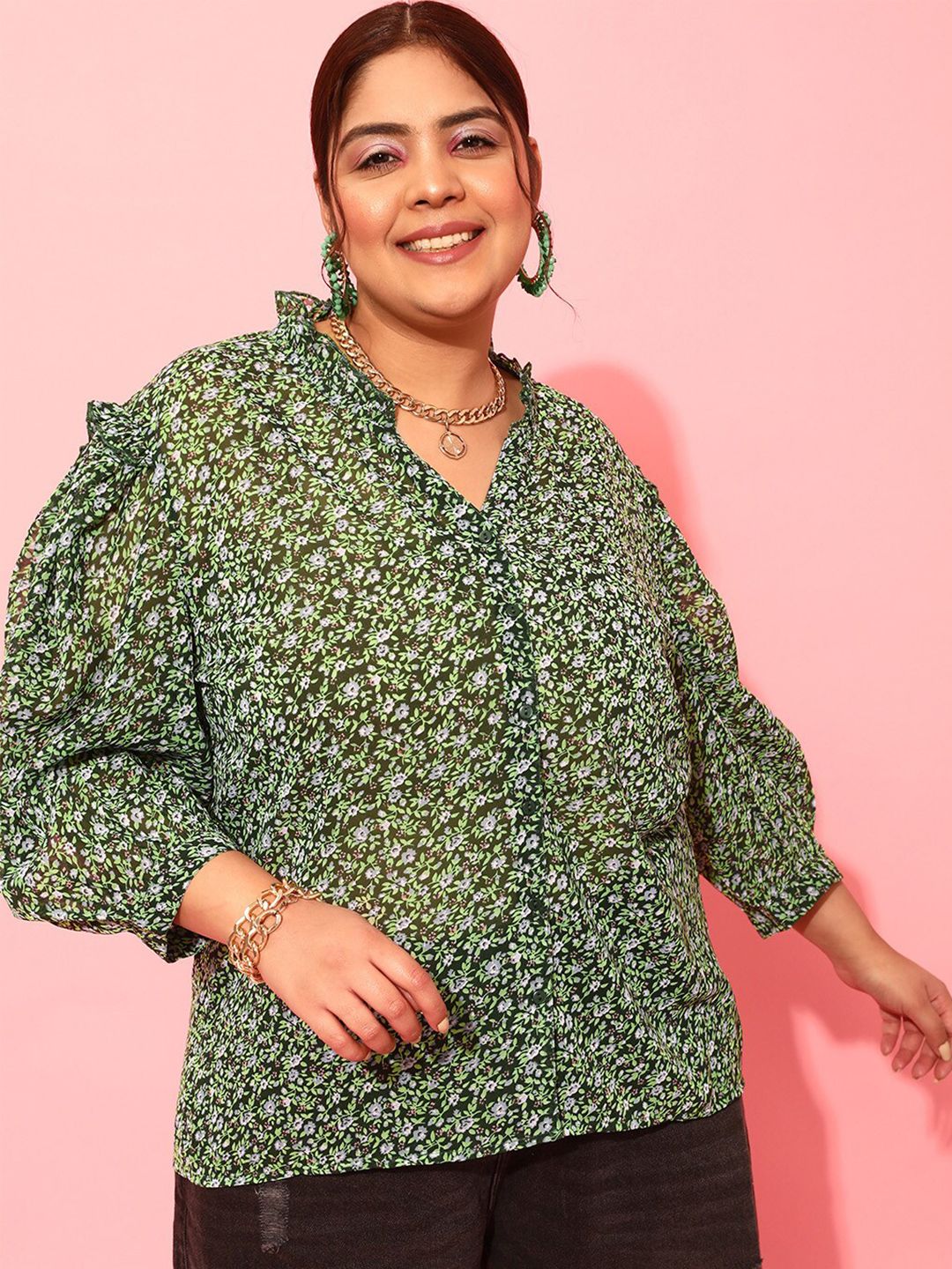 CURVY STREET Plus Size Floral Printed Puff Sleeves Satin Top