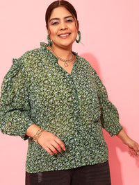 CURVY STREET Plus Size Floral Printed Puff Sleeves Satin Top