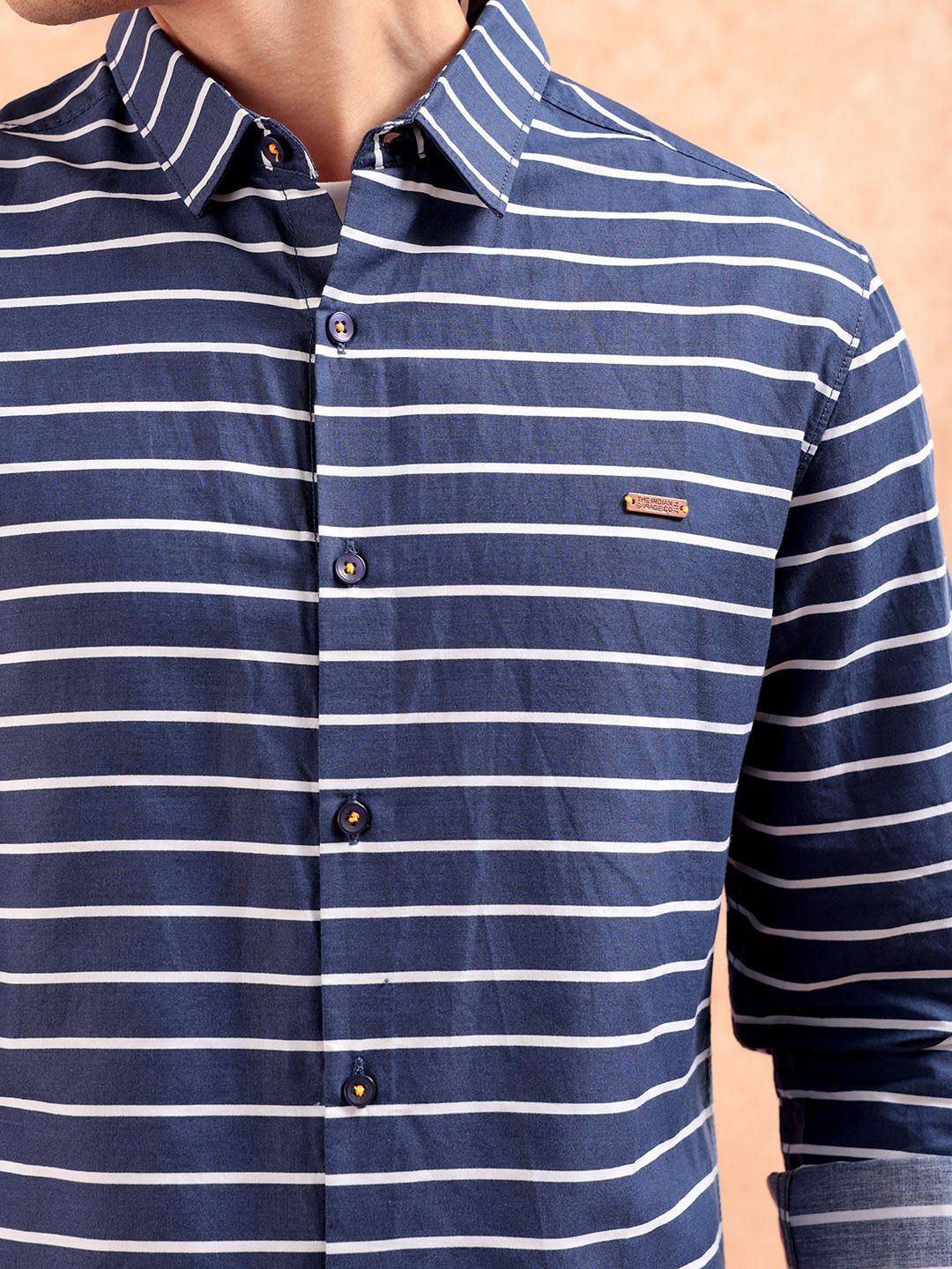 The Indian Garage Co Men Navy Blue & White Slim Fit Striped Casual Shirt