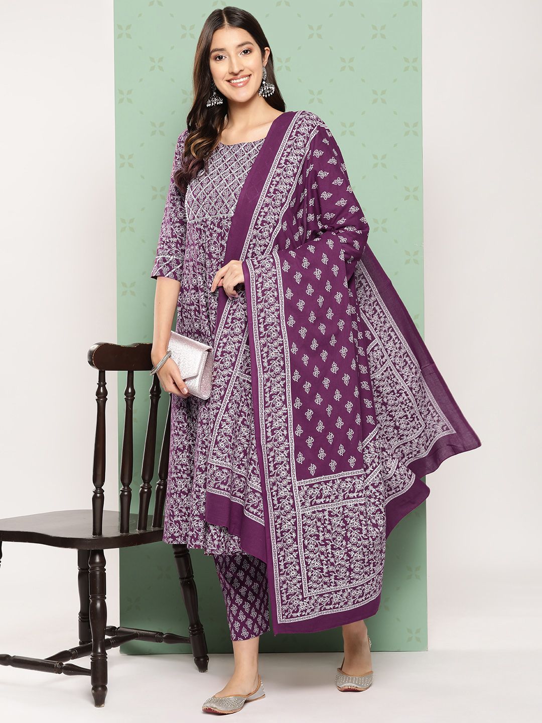 KALINI Women Ethnic Motifs Printed Empire Gotta Patti Kurta with Trousers & With Dupatta