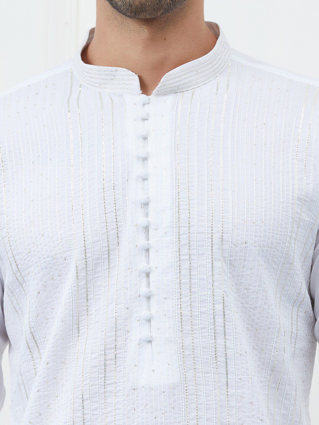 See Designs Striped Mandarin Collar Gotta Patti Cotton Kurta