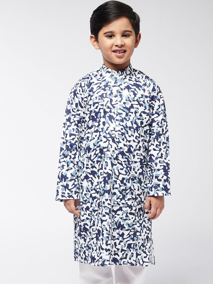 SOJANYA Boys Off White & Navy Blue Cotton Printed Kurta