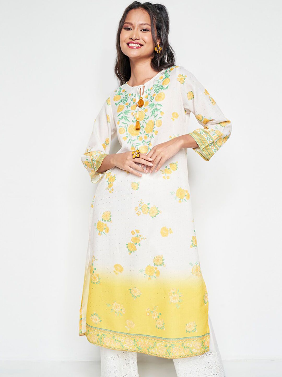 Global Desi Ethnic Motifs Printed Tie-Up Neck Straight Kurta