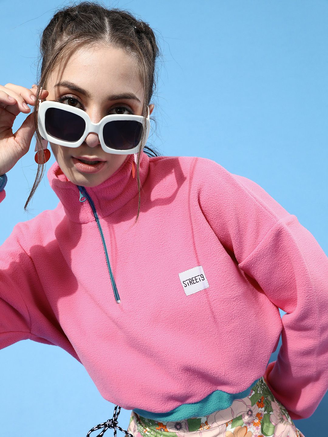 STREET 9 Women Pretty Pink Solid Cropped Sweatshirt