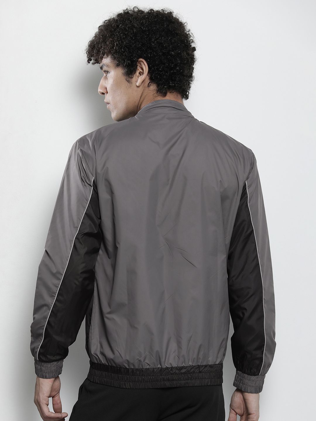 The Indian Garage Co Men Grey & Black Colourblocked Windcheater Jacket