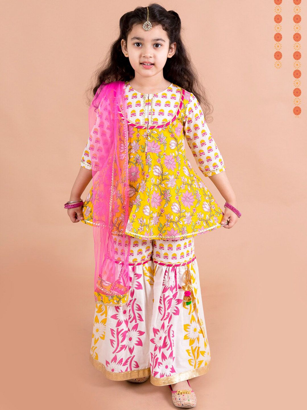 pspeaches Girls Yellow Floral Printed Pure Cotton Kurti with Sharara & With Dupatta