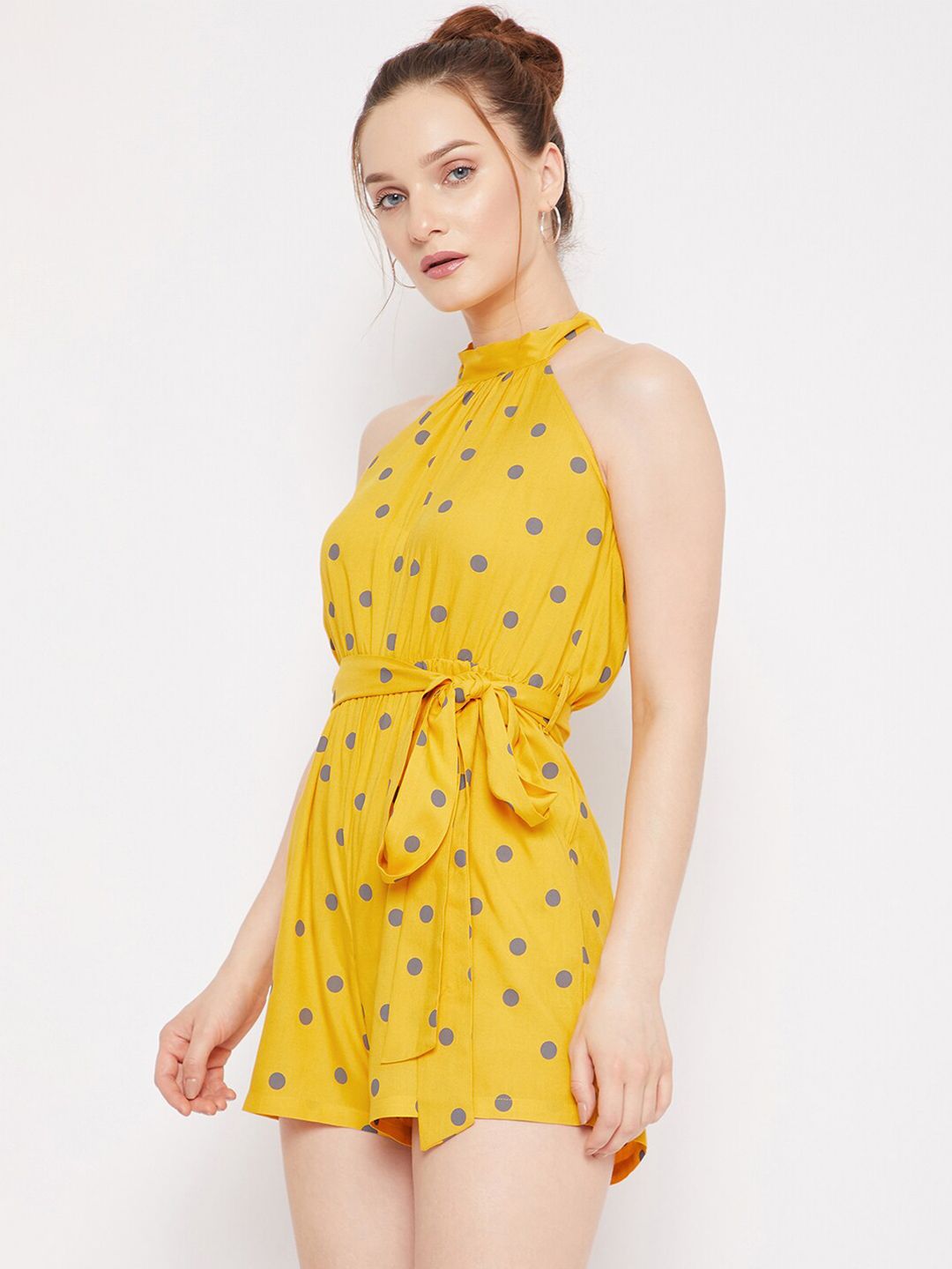Berrylush Woman Yellow & Grey Polka Halter Neck Printed Jumpsuit