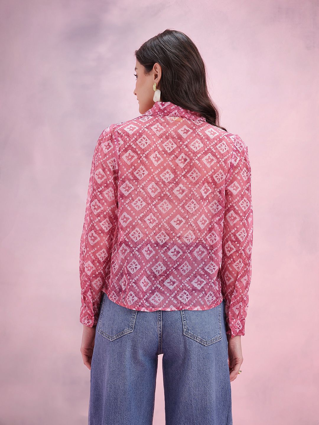 DressBerry Printed Club Collar with Tie-Ups Semi Sheer Casual Shirt