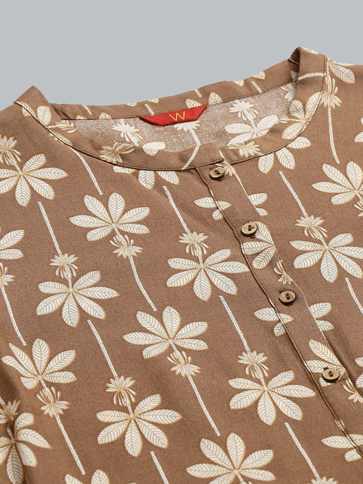W Floral Printed Mandarin Collar Roll-Up Sleeves Straight Kurta