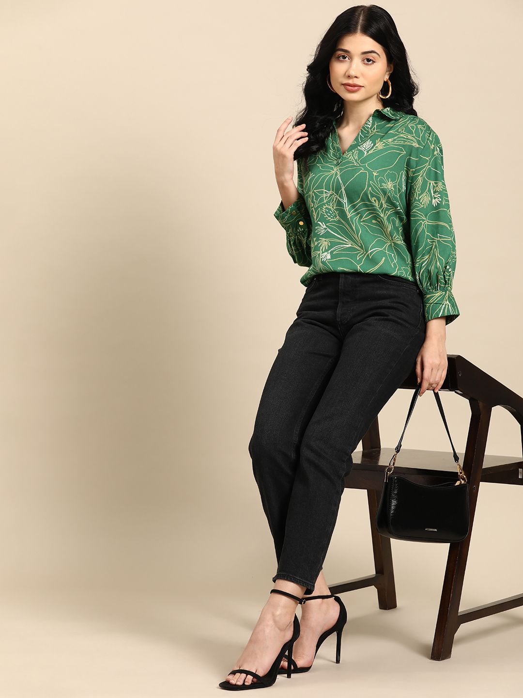 all about you Floral Print Puff Sleeves Shirt Style Top