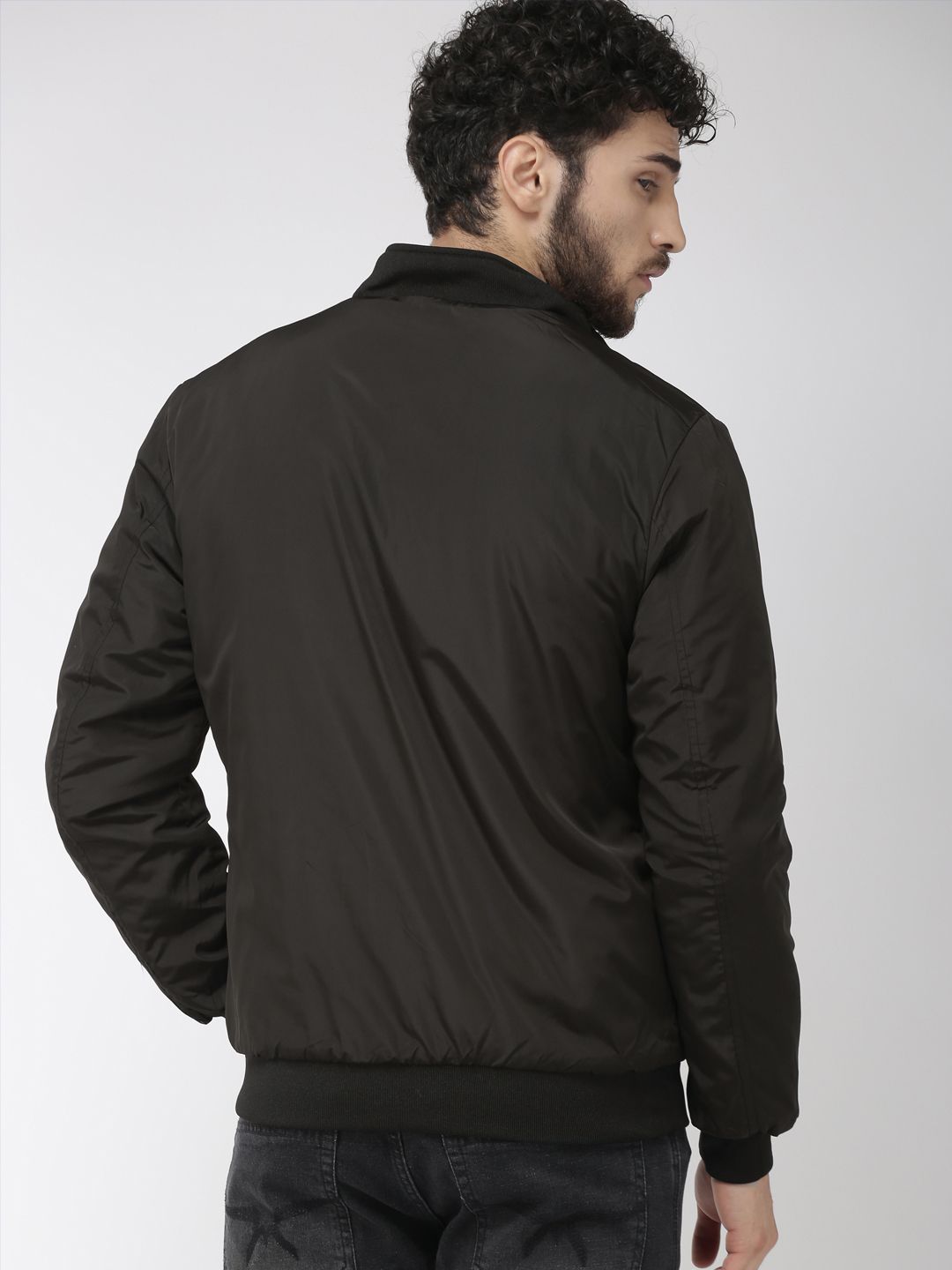 The Indian Garage Co Men Olive Green& Black Solid Reversible Bomber Jacket
