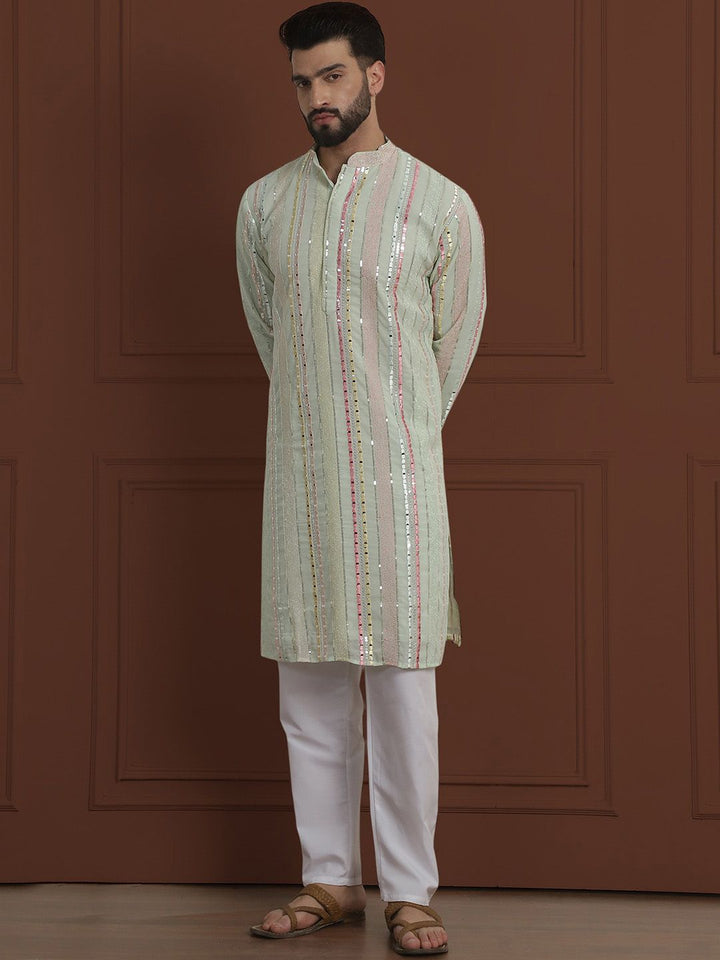 SOJANYA LUXE Striped Embroidered Mandarin Collar Straight Georgette Kurta & Pyjama