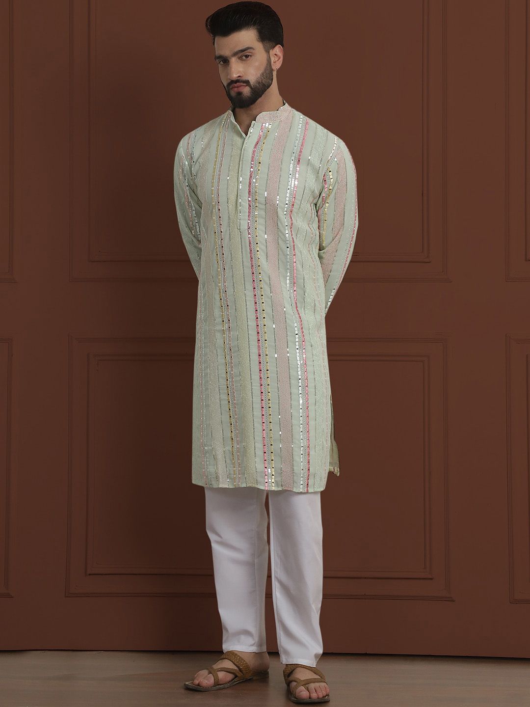 SOJANYA LUXE Striped Embroidered Mandarin Collar Straight Georgette Kurta & Pyjama