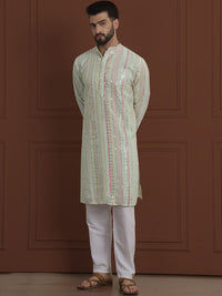 SOJANYA LUXE Striped Embroidered Mandarin Collar Straight Georgette Kurta & Pyjama