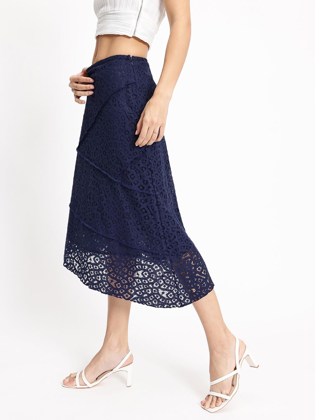 DressBerry Tiered Lace Asymmetric A-Line Midi Skirt
