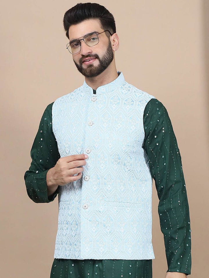 Anouk Green Floral Embroidered Straight Sequinned Pure Cotton Kurta with Churidar