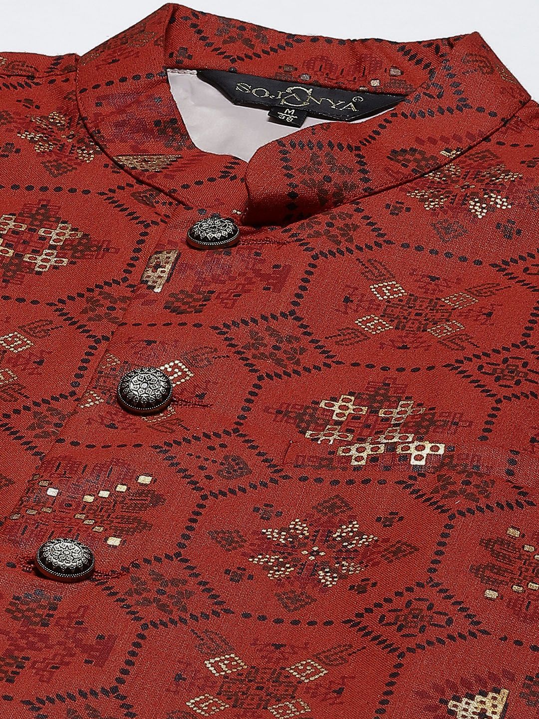 SOJANYA Men Orange Printed Kurta with Pyjamas & Nehru Jacket