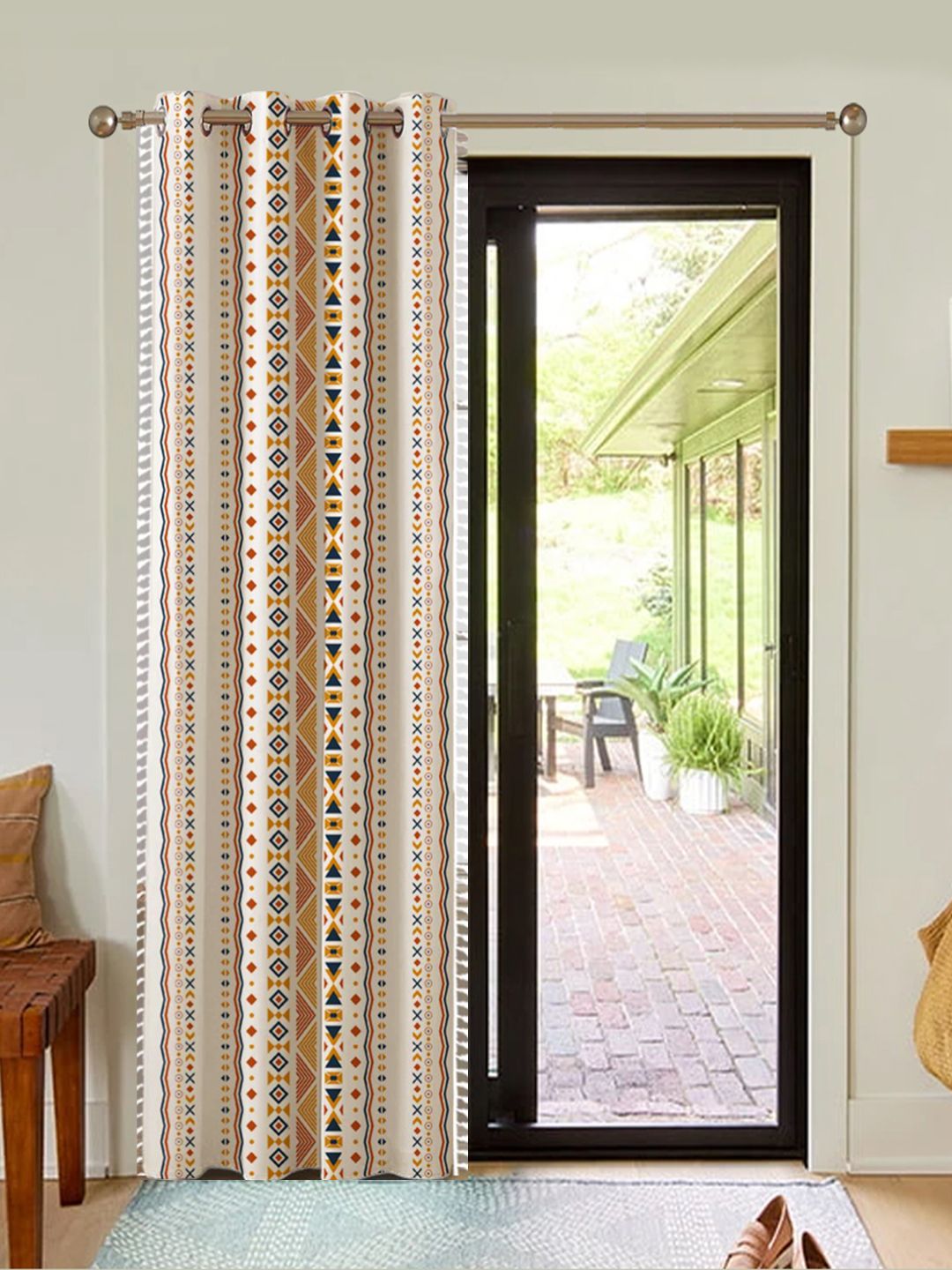 URBAN SPACE White & Orange Ethnic Motifs Single Door Curtain