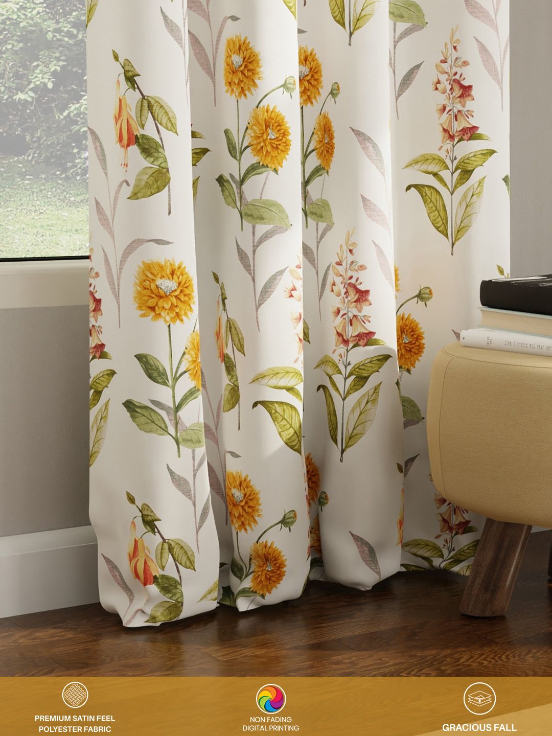 URBAN SPACE Pack of 2 White & Yellow Floral Printed Room Darkening Window Curtain