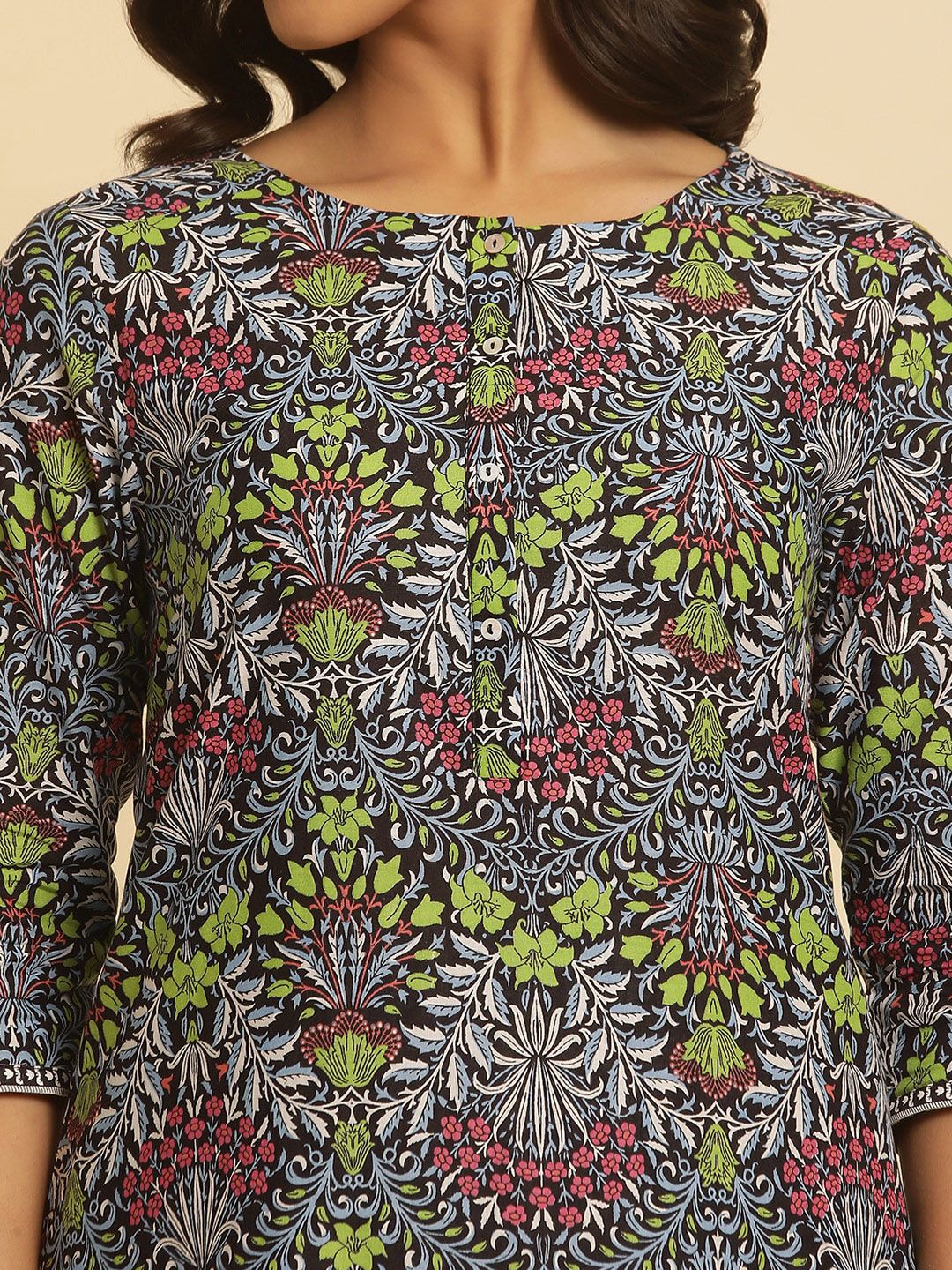 W Floral Printed Round Neck Pure Cotton Straight Kurta With Trouser