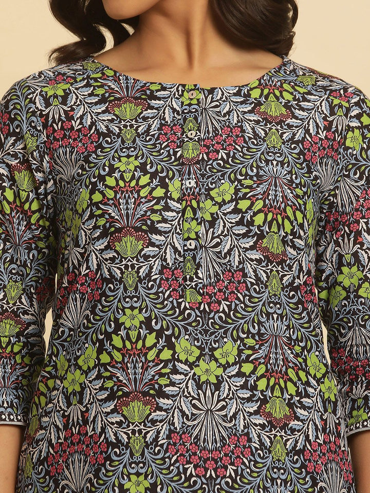 W Floral Printed Round Neck Pure Cotton Straight Kurta With Trouser