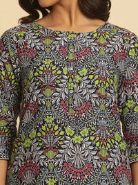 W Floral Printed Round Neck Pure Cotton Straight Kurta With Trouser