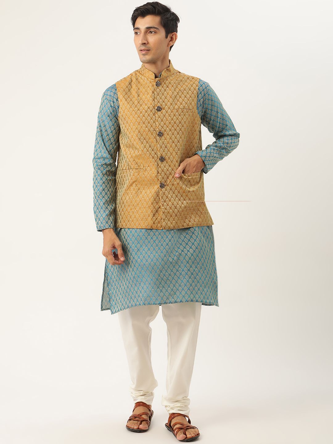 SOJANYA Lelaki Kurta Motif Etnik Biru Teal & Mustard Kuning dengan Jaket Churidar & Nehru