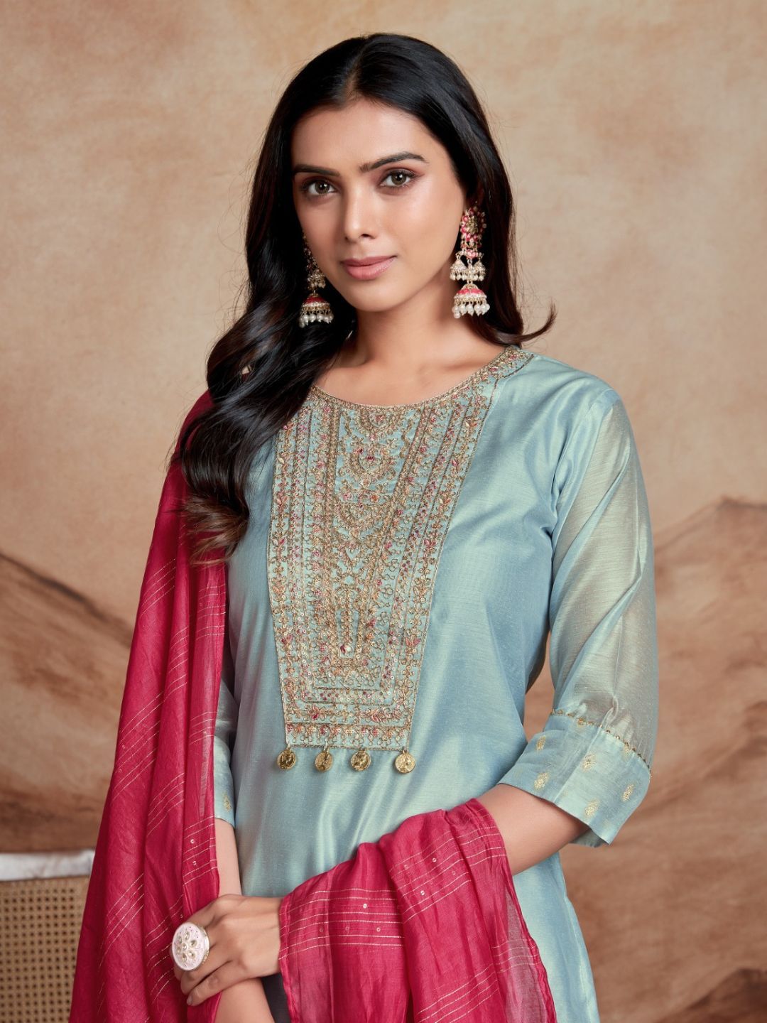 KALINI Ethnic Motifs Embroidered Round Neck Sequinned Kurta with Palazzos & Dupatta