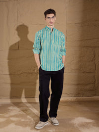 DENNISON Striped Printed Pure Cotton Band Collar Straight Kurta