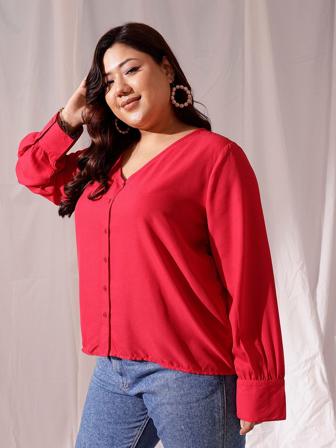 CURVY STREET Plus Size V-Neck Cuffed Sleeves Shirt Style Top