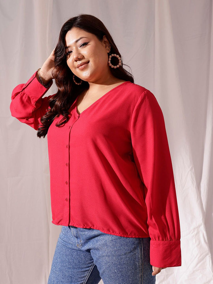 CURVY STREET Plus Size V-Neck Cuffed Sleeves Shirt Style Top