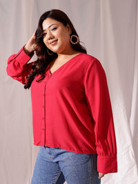 CURVY STREET Plus Size V-Neck Cuffed Sleeves Shirt Style Top